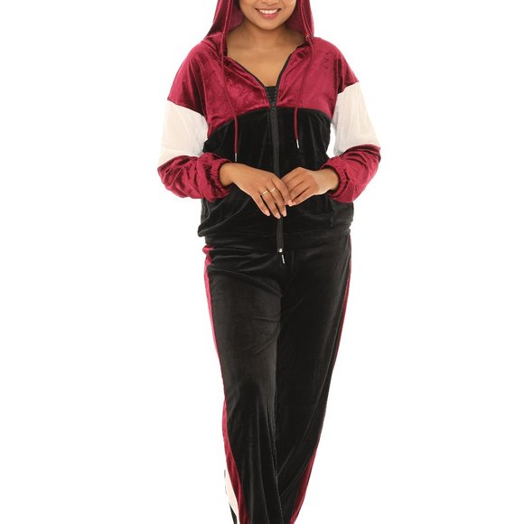 Color Block Pocket Velvet Hoodie & Drawstring Joggers - Picture 1 of 6